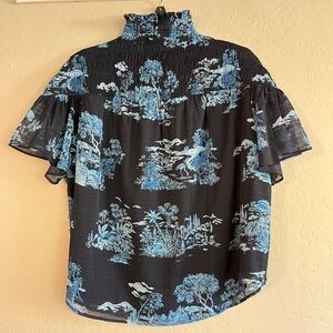 Ann Taylor Navy Blue Floral Toile Smocked Yoke Top Blouse Shirt in Night…